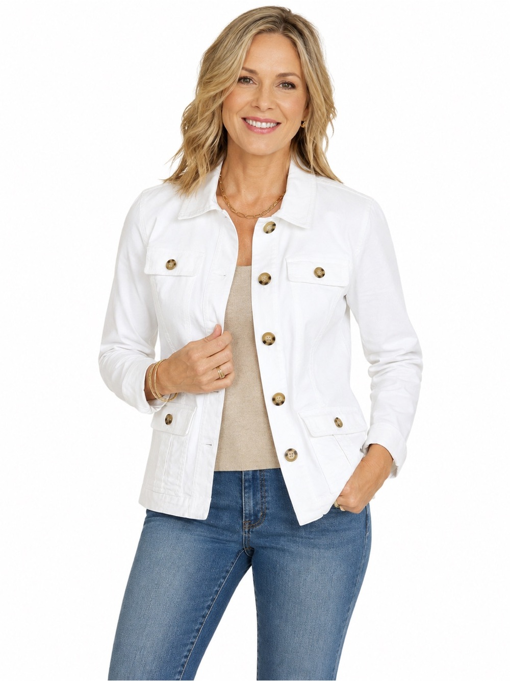 Appleseed’s White Stretch Twill Utility Jacket 4 Pocket Button Front Cotton M